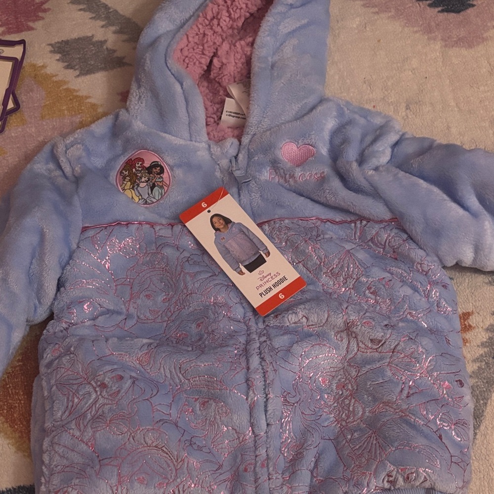 Disney Light Blue and Pink Plush Hooded Jacket - Princess Design